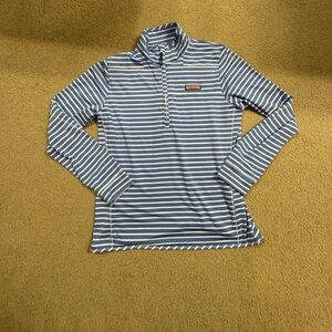 Vineyard Vines Blue and Cream Striped The Shep Shirt quarter zip Pullover
